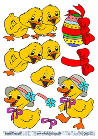 Billede: kyllinger, påskeæg og lille ælling med hat, barto design