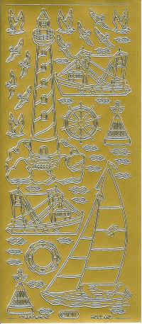 Billede: fyrtårn og skib, guld stickers