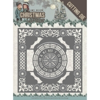 Billede: skære/prægeskabelon baggrundsdie med ur i midten, AMY DESIGN DIE ADD10148, 13x13cm, førpris kr. 78,- nupris