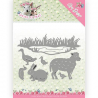 Billede: skære/prægeskabelon lille sø med siv, ænder, hare og får, AMY DESIGN DIE ADD10167, spring animals, 12,8x9,6cm