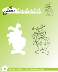 Billede: skæreskabelon og stempel kanin med gulerod, BY LENE DIES & CLEARSTAMP “Rabbit with carrot” BLD1060, 3,8x6,5cm, førpris kr. 56,- nupris