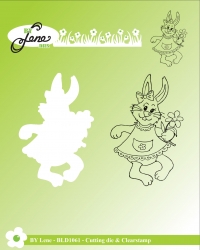 Billede: skæreskabelon og stempel kanin med blomster, BY LENE DIES & CLEARSTAMP “Rabbit with flower” BLD1061, 4x6,6cm, førpris kr. 56,- nupris
