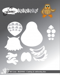Billede: skære/prægeskabelon ugle, BY LENE DIES “Owl” BLD1063, Head: 3,7x2,9cm, førpris kr. 72,00, nupris