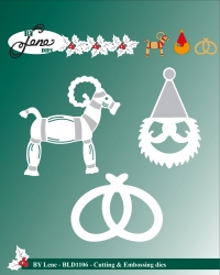 Billede: skære/prægeskabelon julebuk, kringle og nissehoved, BY LENE DIES “Yule goat” BLD1106, Biggest: 5,5x5,5cm, førpris kr. 78,- nupris