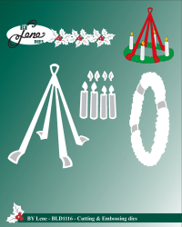 Billede: skære/prægeskabelon adventskrans, BY LENE DIES “Advent Wreath” BLD1116, Biggest: 5,4x6,9cm, førpris kr. 56,- nupris