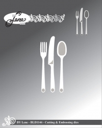 Billede: skære/prægeskabelon gaffel, kniv og ske, BY LENE DIES “Cutlery” BLD1146, Fork: 0,8x6cm, førpris kr. 48,- nupris