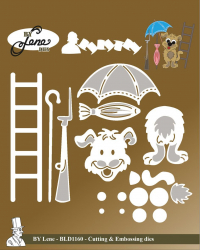 Billede: skære/prægeskabelon hund, stige, gevær, paraplyer, BY LENE DIES “Fairy Tale-7” BLD1160, Biggest: 1,9x7,8cm, førpris kr. 104,- nupris