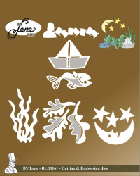 Billede: skære/prægeskabelon, måne, stjerner, sejlskib, fisk og havplanter, BY LENE DIES “Fairy Tale-8” BLD1161, Biggest: 3x4,6cm