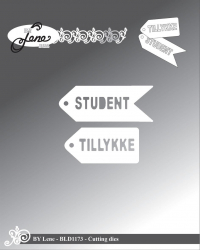 Billede: skæreskabelon 2 små tags med udskåret student og tillykke, BY LENE DIES “Student & Tillykke