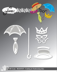 Billede: skære/prægeskabelon tilbehør til slaskedukke og mus, paraplyer, briller, hat, krone og teatermaske, BY LENE DIES 