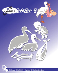 Billede: skære/prægeskabelon stork med baby i leveringsklæde, BY Lene Dies 