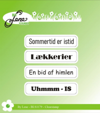 Billede: 4 skilte med tekster, Sommertid er istid, Lækkerier, En bid af himlen, Uhmmm - IS, BY LENE STEMPEL, BLS1179, 5,6x1,2cm x4