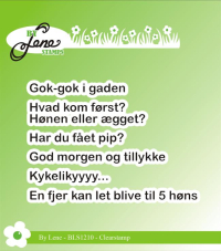 Billede: BY LENE CLEARSTAMP Gok-gok i gaden, Hvad kom først? Hønen eller ægget?, Har du fået pip?, God morgen og tillykke, Kykelikyyyy..., En fjer kan let blive til 5 høns, BLS1210, Største: 5,7x1,1cm