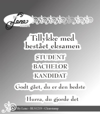 Billede: BY LENE CLEARSTAMP Tillykke med bestået eksamen, STUDENT, BACHELOR, KANDIDAT, Godt gået, du er den bedste, Hurra, du gjorde det, BLS1219, Student: 3,2x0,6cm