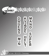 Billede: BY Lene Clearstamp vertikale ord DAGENS, MIN, KVINDE, HELT, MAND, SUPER, BLS1258, Dagens: 0,5x3,6cm 