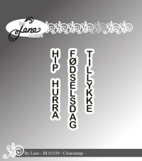 Billede: BY Lene Clearstamp vertikale ord, HIP, HURRA, FØDSELSDAG, TILLYKKE, BLS1259, Tillykke: 0,5x4,7cm 
