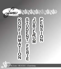 Billede: BY Lene Clearstamp vertikale ord: KONFIRMATION, STUDENT, FERIE, JUBILÆUM, PENSION, BLS1261, Pension: 0,5x4,3cm 