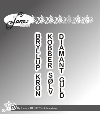 Billede: BY Lene Clearstamp vertikale ord: BRYLLUP, KRON, KOBBER, SØLV, DIAMANT, GULD, BLS1263, Bryllup: 0,5x4cm 