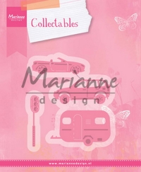 Billede: skære/prægeskabelon 2 biler, 1 campingvogn og 1 lyskurv, MARIANNE DESIGN COL1435 Village Decoration set 3 (cars), 9x51 / 53x17 / 57x25 & 60x36mm