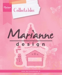 Billede: skære/prægeskabelon snehytte, snemand og juletræ, MARIANNE DESIGN COL1440 Eline’s Village Decoration set 5, 59x39mm