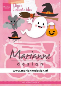 Billede: skæreskabelon heksehat, kost, spøgelse og mus med vinger, MARIANNE DESIGN COL1473 Eline's Halloween, Ghost: 64x52mm