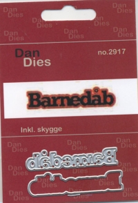 Billede: skæreskabelon Barnedåb med skygge, 5,5x1,5cm incl. skygge, dan-dies, førpris kr. 38,- nupris