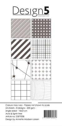 Billede: Design5 Paperpad Grey Chromosphere, D5P7008, 200gsm, 24 ark, 8 designs, 10x21cm