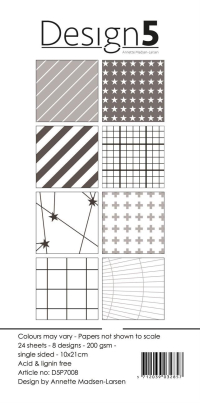 Billede: Design5 Paperpad Grey Chromosphere, D5P7008, 200gsm, 24 ark, 8 designs, 10x21cm, førpris kr. 35,- nupris