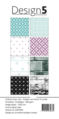 Billede: Design5 Paperpad Meteor Rain, D5P7009, 200gsm, 24 ark, 8 designs, 10x21cm, førpris kr. 35,- nupris