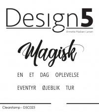 Billede: Design5 clearstamp Magisk, EN, ET, DAG, OPLEVELSE, EVENTUR, ØJEBLIK, TUR, D5C023, Magisk: ca. 30x73mm, førpris kr. 40,- nupris