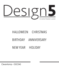 Billede: Design5 clearstamp HALLOWEEN, CHRISTMAS, BIRTHDAY, ANNIVERSARY, NEW YEAR, HOLIDAY, D5C045, førpris kr. 32,- nupris
