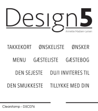 Billede: Design5 clearstamp TAKKEKORT, ØNSKELISTE, ØNSKER, MENU, GÆSTELISTE, GÆSTEBOG, DEN SEJESTE, DU/I INVITERES TIL, DEN SMUKKESTE, TILLYKKE MED DIN, D5C076, TAKKEKORT: 2,7x0,5cm, førpris kr. 40,- nupris