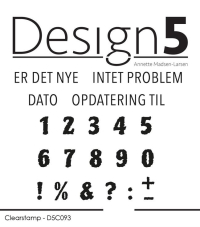 Billede: Design5 clearstamp ER DET NYE, INTET PROBLEM, DATO, OPDATERING TIL, 1 2 3 4 5 6 7 8 9 0 ! % & ? : + -, D5C093, 1: 0,5x1cm
