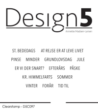 Billede: Design5 clearstamp ST. BEDEDAGS, AT REJSE ER AT LEVE LIVET, PINSE, MINDER, GRUNDLOVSDAG, JULE, ER VI DER SNART?, EFTERÅRS, PÅSKE, KR. HIMMELFARTS, SOMMER, VINTER, FORÅR, TID TIL, 
