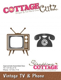 Billede: skæreskabelon ældre fjernsyn og telefon, Vintage TV & Phone, 3,9x5,2 - 3,9x2,9 cm, cottage cutz