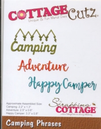 Billede: skæreskabelon Dies CottageCutz CC-253 tekst, Camping Phrases, 5,6x3,3 - 6,4x1,5 - 8,4x2cm, førpris kr. 96,- nupris