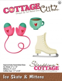 Billede: skæreskabelon luffer, kop cacao og skøjter, Dies CottageCutz CC-522, Ice Skate & Mittens, førpris kr. 108,00, nupris