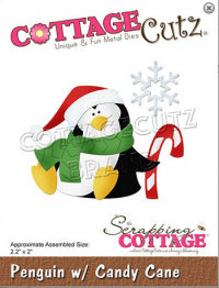 Billede: skæreskabelon pingvin med polkagris, Dies CottageCutz CC-688, Penguin w/Candy Cane