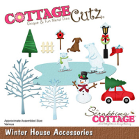 Billede: skæreskabelon frossen sø med skøjteløbere og ting fra gadebilledet, Dies CottageCutz CC-955, Winter House Accessories