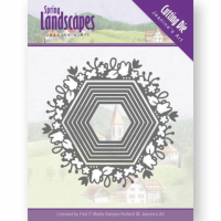 Billede: skæreskabelon spring hexagon med blomster og sommerfuglekant, JEANINES ART DIES JAD10065, 9x8,5cm 