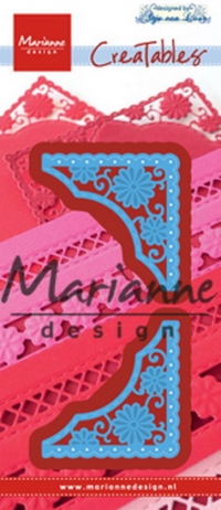 Billede: skære/prægeskabelon 2 hjørner, hvor der kun skæres fra på de 2 lige kanter, MARIANNE DESIGN CUT/EMB LR0538 Anja’s Corner, 48x48mm, førpris kr. 44,- nupris