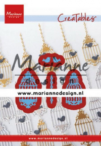 Billede: skære/prægeskabelon 2 små fuglebure med ophængskæde og 2 fugle, fugleburenes højde ca. 3,8cm og 4,2cm, MARIANNE DESIGN CUT/EMB LR0640 Birdcage set