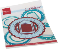 Billede: skæreskabelon cirkel med hulkant og lille rektangulær tag, MARIANNE DESIGN CUT/EMB LR0764 Small Circle - Lace, største ca. 81mm