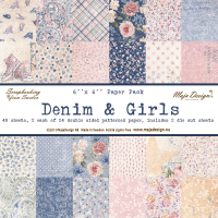Billede: Denim & Girls - Paper Pack, 15x15cm, 48 ark, 24 stk. dobbeltsidet mønsterpapir, 2 stk. af hver design, Maja Design