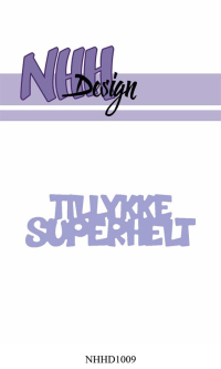 Billede: skæreskabelon TILLYKKE SUPERHELT, NHH Design Dies, NHHD1009, 6,9x2,1cm, førpris kr. 44,- nupris