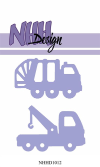 Billede: skæreskabelon skraldebil og kranbil, NHH Design Dies, Truck, HHD1012, 
Største: 6x3,6cm, førpris kr. 64,- nupris