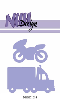 Billede: skæreskabelon kassebil og motorcykel, NHH Design Dies, NHHD1014,
Største: 7,1x4,2cm, førpris kr. 72,- nupris