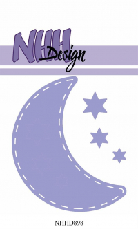 Billede: skæreskabelon måne med stitch og 3 små stjerner, NHH Design Dies, Moon & Stars, NHHD898, Biggest: 9,2x6,4cm