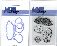 Billede: skæreskabelon og stempel lille siddende spørgende dreng, taleboble, blad og blade i bunke, NHH-Design, førpris kr. 108,- nupris