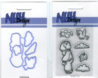 Billede: skæreskabelon og stempel lille fyr kigger op, 2 skyer, et blad, lille fugl samt et stempel med en lille propelmaskine, NHH-Design, førpris kr. 104,- nupris